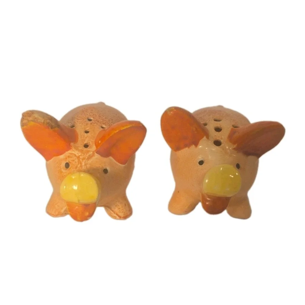 Vintage Ceramic Pig Salt Pepper Shakers Set Orange Yellow Made in Occupied Japan